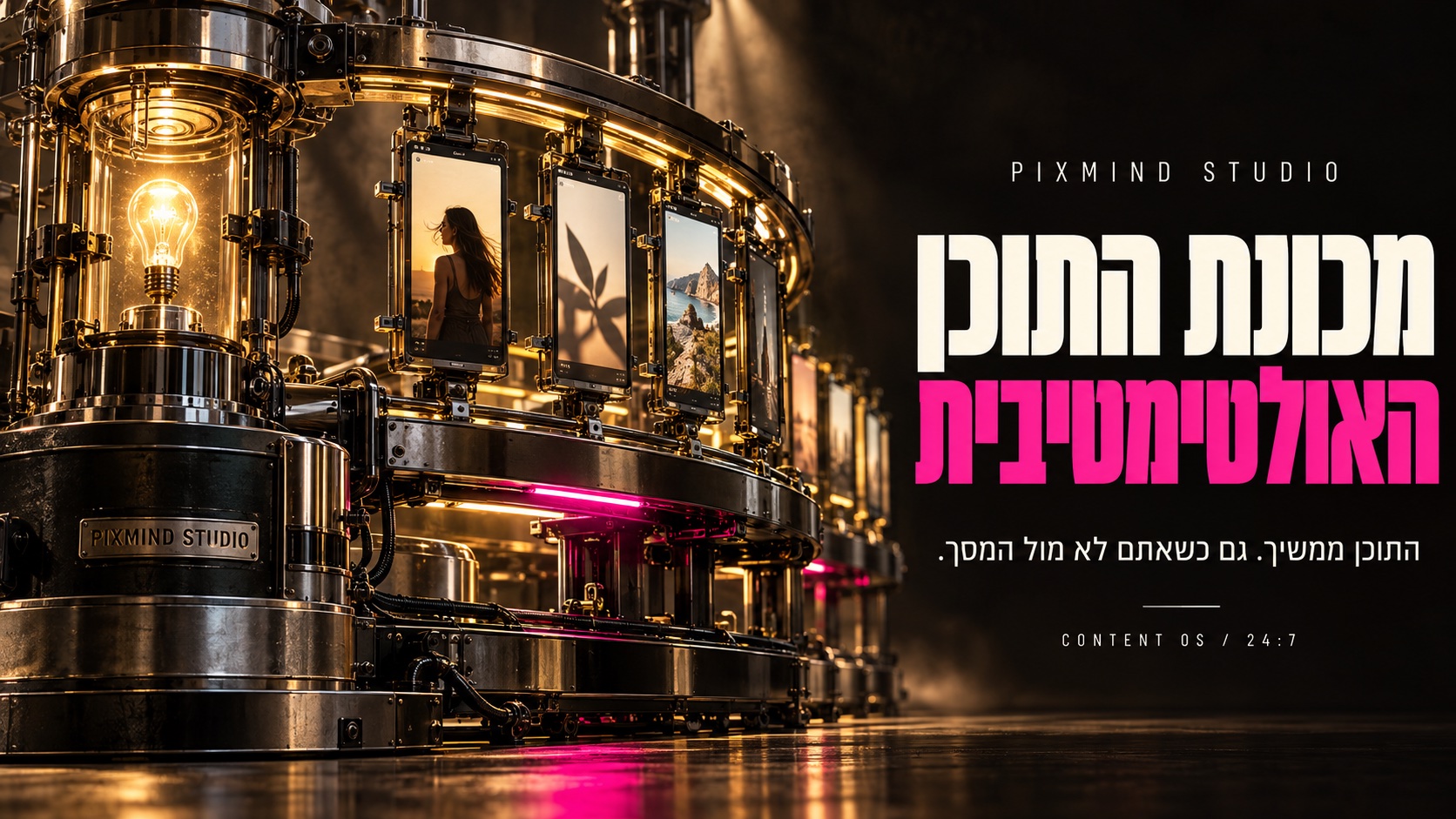מכונת התוכן האולטימטיבית: מכונת כרום קולנועית שמייצרת פריימים. התוכן ממשיך, גם כשאתם לא מול המסך.